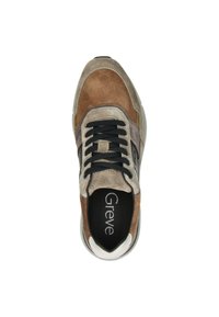 Brown and gray sneaker featuring a textured suede and mesh upper, black laces, and a white heel accent. Includes a cushioned insole.