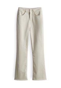 Jean beige droit avec fermeture par bouton et fermeture éclair, poches avant et passants de ceinture, posé à plat sur fond blanc.