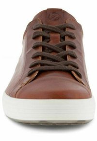 Brown leather sneaker with a smooth texture, featuring brown laces, a white rubber sole, and a logo embossed on the tongue.