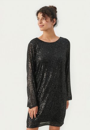 Black sequin dress with a loose, relaxed fit, long sleeves, and a round neckline. The fabric sparkles with multiple reflective sequins.