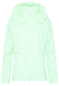 Light green jacket with a striped pattern, full zipper, adjustable hood, and elastic cuffs. Made from a lightweight, breathable fabric.