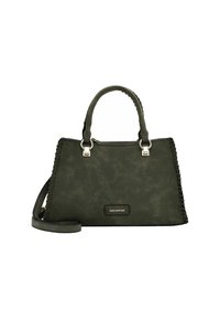 Dark green handbag made of faux suede, featuring a structured shape, braided accents on the sides, and silver-tone hardware. Detachable strap included.