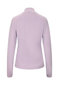 Lichtpaars nauwsluitend shirt met lange mouwen en een hoge kraag, gezien van achteren tegen een effen witte achtergrond.