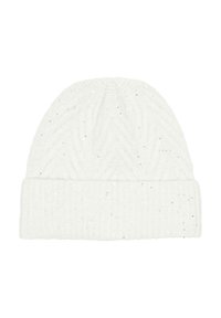 Weißer Strick-Beanie mit einem strukturierten Zickzackmuster und silbernen Pailletten, ausgestattet mit einem gefalteten Rippenbündchen an der Basis.