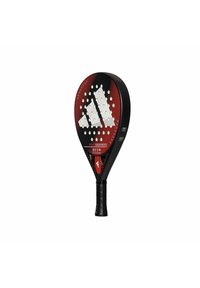 Raquette de padel noire et rouge avec une face ronde solide, surface texturée, perforations pour une meilleure prise en main et un manche en caoutchouc pour le confort.