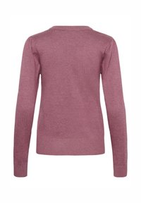 Suéter de punto en malva, con mangas largas, dobladillo acanalado y escote redondo. Textura suave con un ligero estiramiento.