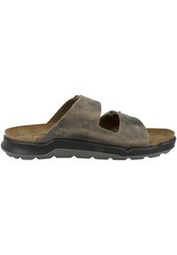Sandal in pelle marrone con due larghe cinghie, una soletta in sughero sagomata e una suola in gomma nera testurizzata per una maggiore durata.