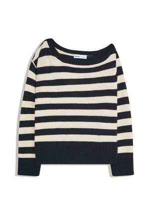 Maglione a maniche lunghe a righe orizzontali bianche e nere con scollo ampio e polsini e orlo a costine.