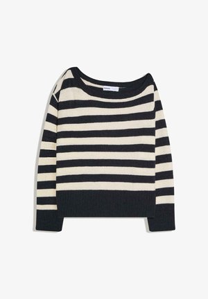 Pull à manches longues à rayures horizontales noires et blanches, avec un col large et des poignets et ourlet côtelés.