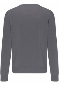 Szürke, hosszú ujjú pulóver, puha anyagból készült, egyszerű, kerek nyakkivágással és bordázott mandzsettákkal és szegéllyel. Simas Texture, minta nélkül.
