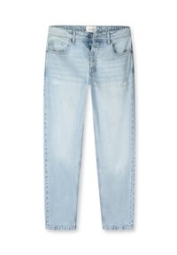 Lichtblauwe denim jeans met een relaxte pasvorm, voorzien van subtiele slijtage, vijf zakken en een knoopsluiting in de taille.