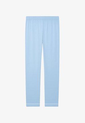 Light blue, cotton blend pants with an elasticated waistband, tapered legs, and white accent detailing at the cuffs.