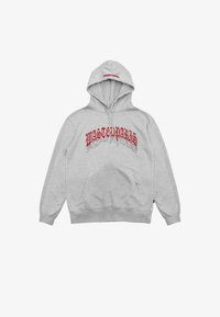 Harmaa hupullinen svetari, jossa on etutasku, kiristysnauhainen huppu ja punainen "WASTEDPARIS"-teksti kaartuvassa muodossa. Pehmeä, teksturoitu kangas, resorireunukset hihoissa.