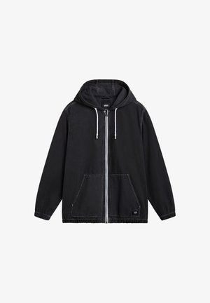 Black zip-up hooded jacket with white drawstrings, two front pockets, elastic cuffs, and a slightly textured finish. White stitching accents.