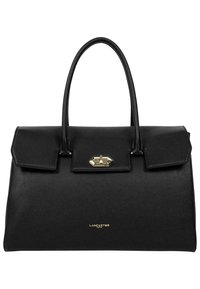 Borsa a mano in pelle nera con due manici, design strutturato, chiusura con hardware dorato e logo del marchio in rilievo nella parte inferiore. Texture morbida, stile minimalista.