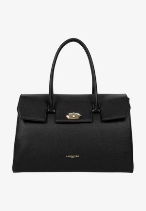 Borsa a mano in pelle nera con due manici, design strutturato, chiusura con hardware dorato e logo del marchio in rilievo nella parte inferiore. Texture morbida, stile minimalista.