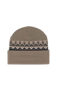 Berretto grigio in maglia con risvolto, caratterizzato da un motivo geometrico nelle tonalità beige e blu scuro sulla parte superiore. Finissima morbidezza.