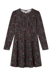 Svart långärmad klänning med blomstertryck i röd och kräm. Har runt halsringning och utsvängd kjol med en nyckelhålsdetalj på baksidan.