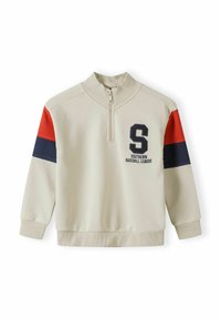 Felpa con zip alla gola di colore crema, con il corpo beige e maniche rosse e navy, caratterizzata dalla scritta "S" e "Southern Baseball League" ricamata sul petto.