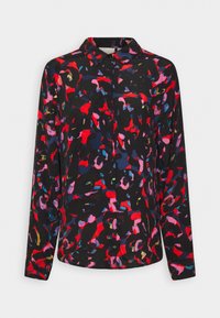 Chemise femme à manches longues boutonnée, base noire avec motif abstrait rouge, rose, bleu et violet, col classique.