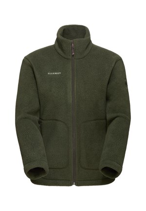 Dunkelgrüne Fleecejacke mit hohem Kragen, Reißverschluss vorne, zwei Seitentaschen und subtiler Textur. Mit Mammut-Logo auf der Brust.