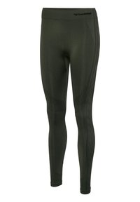 Leggings atléticos elásticos en verde oscuro, con una cinturilla acanalada, acentos texturizados y patrones sutiles a lo largo de los lados.