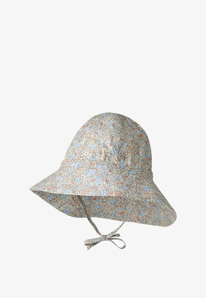 Breitkrempiger Sonnenhut mit blauen und orangen Blumen, mit Bändern unter dem Kinn für sicheren Sitz.