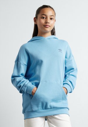 Sudadera con capucha de color azul claro, confeccionada en material suave, con un bolsillo frontal y un discreto detalle del logo en el pecho. Mangas largas.