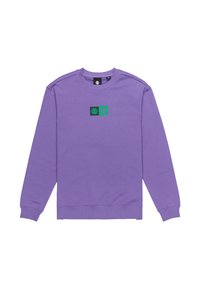 Purple sweatshirt made of soft fabric. Features a crew neckline, long sleeves, and a central graphic in black and green with logos.