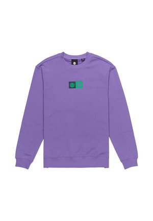 Purple sweatshirt made of soft fabric. Features a crew neckline, long sleeves, and a central graphic in black and green with logos.