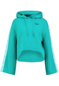 Haut à capuche turquoise coupé, avec une capuche à cordon de serrage. Comprend des manches longues et des panneaux latéraux ornés d'un motif de logo répétitif. Matériau doux.