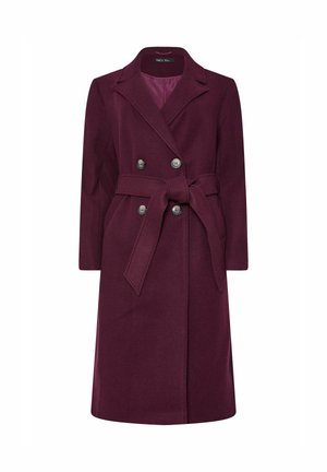 Manteau en laine mélangée bordeaux avec une fermeture double boutonnage, deux poches, une ceinture à nouer à la taille et un col cranté. Texture lisse, longueur genoux.