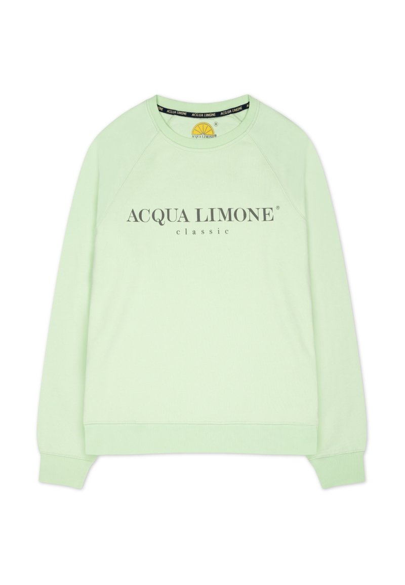 Ljusgrön sweatshirt med rund hals och raglanärmar, med "ACQUA LIMONE" i mörkgrå text över framsidan.