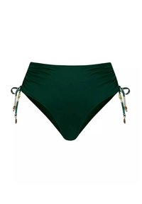 Ciemnozielone bikini z marszczonym pasem, bocznymi sznurkami z wzorzystymi akcentami i dekoracyjnymi koralikami, wykonane z elastycznego materiału do pływania.