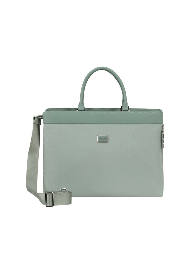 Light green rectangular briefcase with dual handles, adjustable shoulder strap, and silver brand plaque on front center.