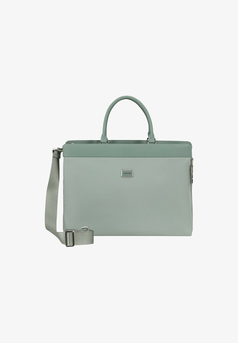 Light green rectangular briefcase with dual handles, adjustable shoulder strap, and silver brand plaque on front center.