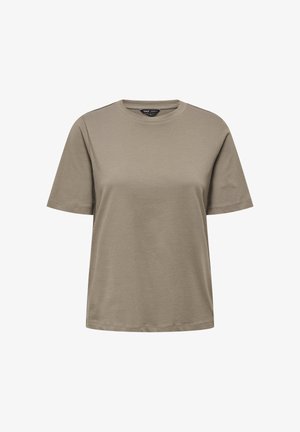 Maglietta semplice a maniche corte con scollo a girocollo in verde oliva smorzato, con vestibilità rilassata, mostrata su uno sfondo bianco.