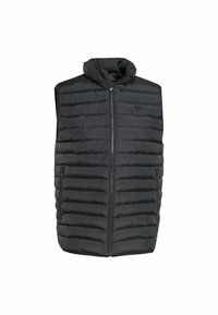 Sort kviltet ærmeløs puffer vest med lynlås foran, to lynlåslommer og en høj krave, prydet med et diskret logo på brystet.