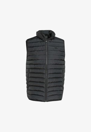 Chaleco acolchado negro sin mangas con cremallera frontal, dos bolsillos con cremallera y un cuello alzado, que presenta un logo sutil en el pecho.