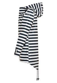 Striped rain jacket in black and white, made of waterproof material. Features a hood, snap closures, and adjustable drawstring at the hem.