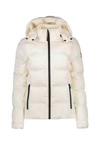 Witte puffy jas met capuchon, voorzien van zwarte ritsen en accenten. Het materiaal lijkt glanzend met een gequilt textuur en twee zijzakken.