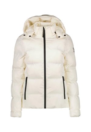 Weißer, fusselfreier Anorak mit Kapuze, ausgestattet mit schwarzen Reißverschlüssen und Akzenten. Das Material wirkt glänzend und hat eine gesteppten Textur sowie zwei seitliche Taschen.