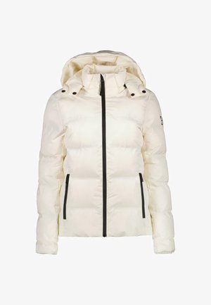 Weißer, fusselfreier Anorak mit Kapuze, ausgestattet mit schwarzen Reißverschlüssen und Akzenten. Das Material wirkt glänzend und hat eine gesteppten Textur sowie zwei seitliche Taschen.