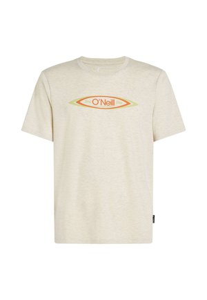T-shirt en coton couleur crème avec un col rond, arborant un logo graphique central en orange et vert ressemblant à la forme d'une planche de surf.