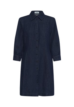 Denim overhemdjurk in donkerblauw met een puntige kraag, knoopsluiting aan de voorkant en driekwart mouwen. Heeft een rechte pasvorm en een lichte structuur.