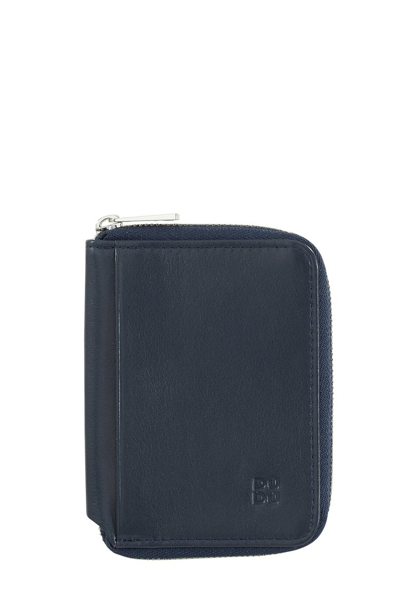Portafoglio in pelle blu navy con chiusura a zip, forma rettangolare, texture liscia e dettaglio con logo a rilievo sul fronte. Design semplice e funzionale.