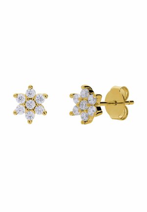 Gold stud earrings shaped like flowers with seven clear round gemstones each, displayed against a white background.
