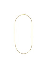 Collar de cadena de metal dorado con una superficie lisa y plana, que presenta una forma ovalada clásica y un cierre seguro en la parte posterior.