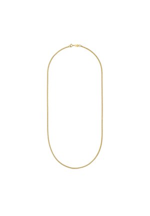 Collar de cadena de metal dorado con una superficie lisa y plana, que presenta una forma ovalada clásica y un cierre seguro en la parte posterior.