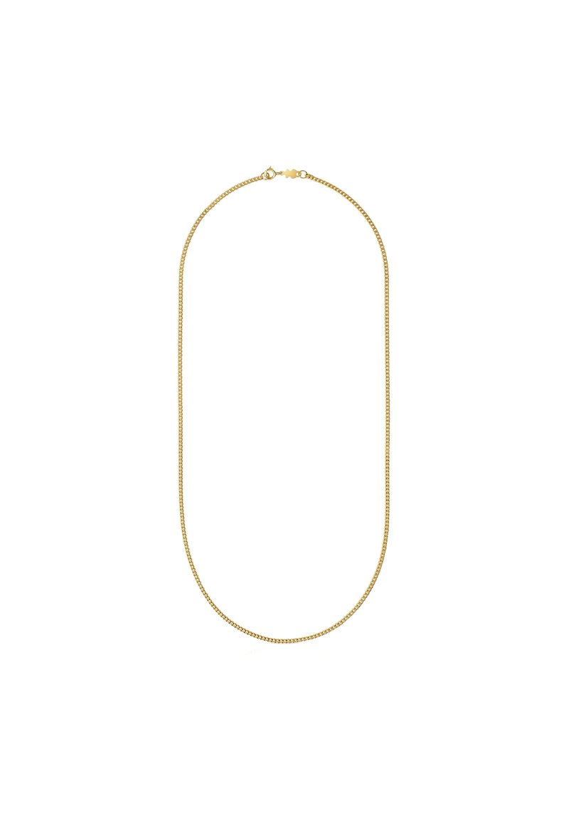 Collar de cadena de metal dorado con una superficie lisa y plana, que presenta una forma ovalada clásica y un cierre seguro en la parte posterior.